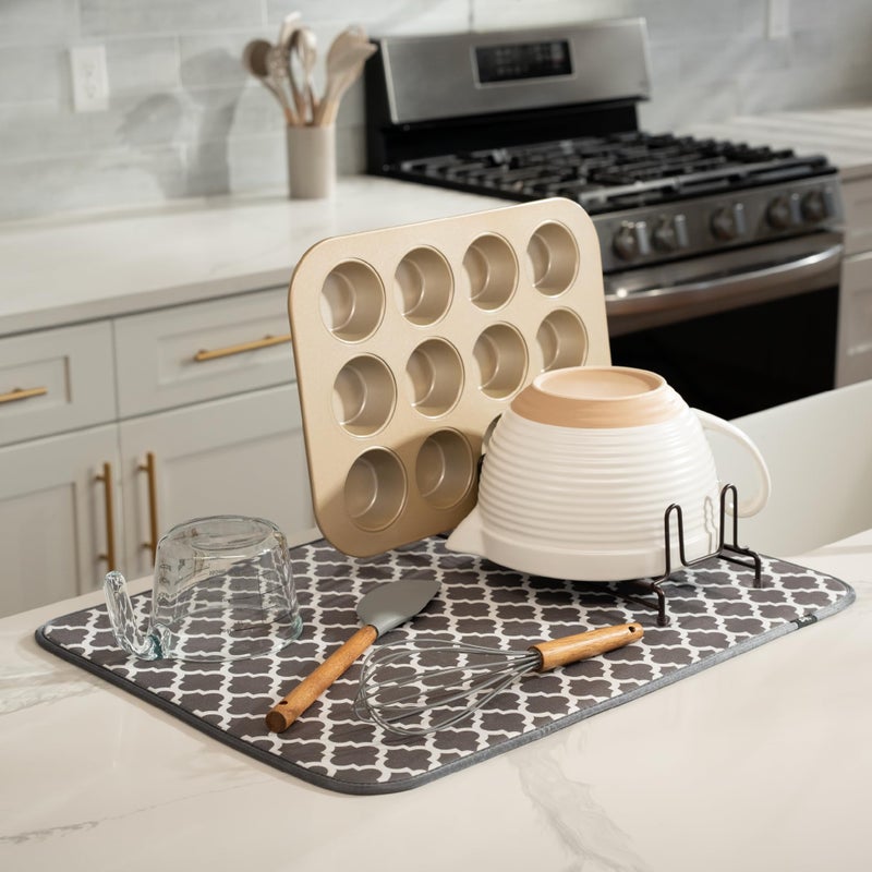 S&T INC. Dish Drying Mat XL, 18” x 24”, Absorbent Microfiber Kitchen Counter Mat, Dish Drying Pad for Dishes, Utensils, Pots and Pans, Extra Large, Pewter Grey Trellis - Image 2